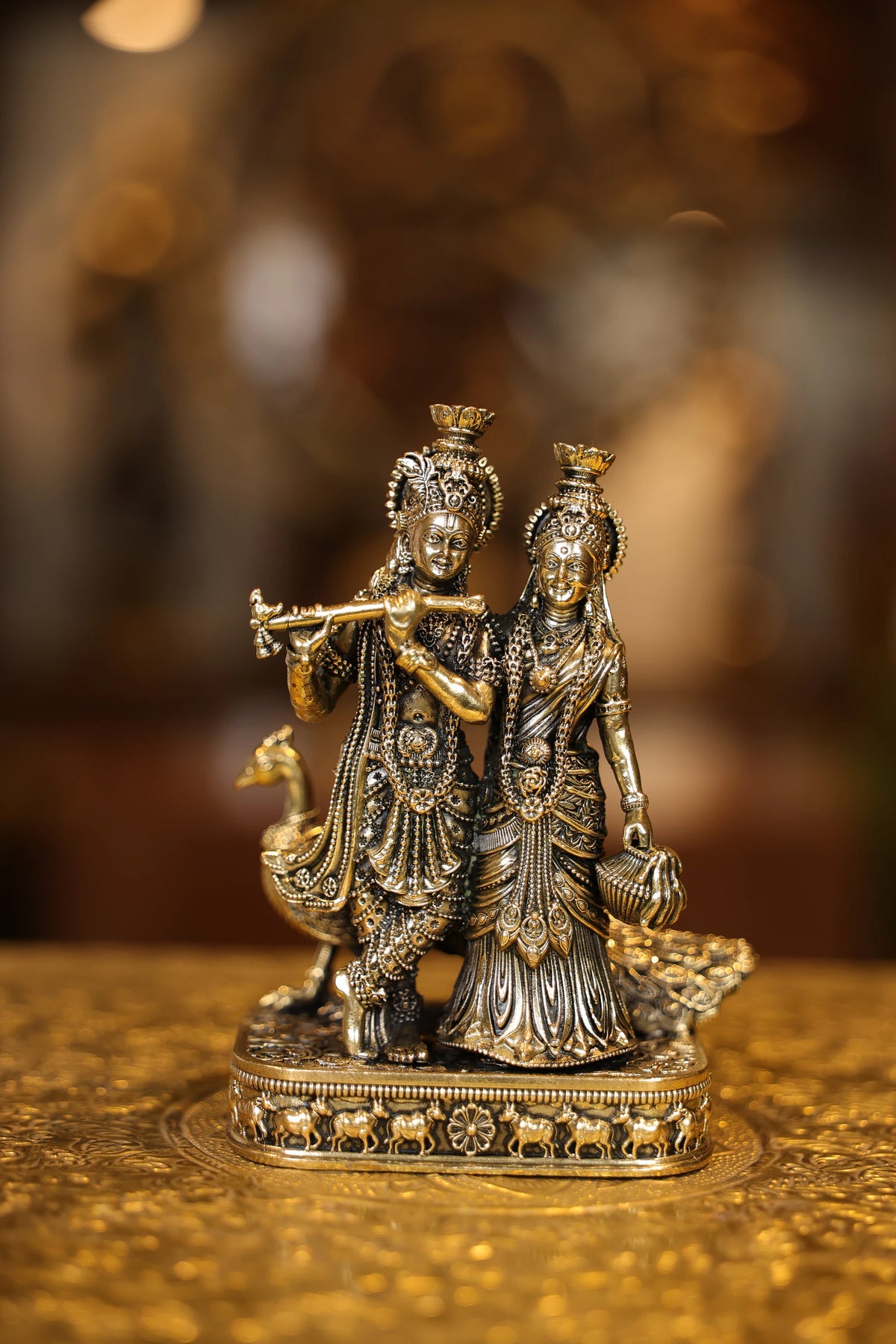 6″ Radha Krishna Standing with Peacock | Super Fine Brass | Polished Finish