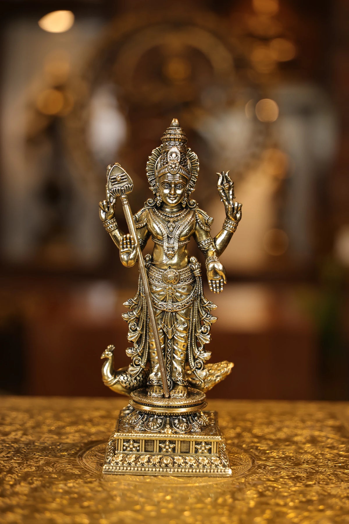 9″ Standing Murugan with Peacock | Super Fine Brass | Polished Finish