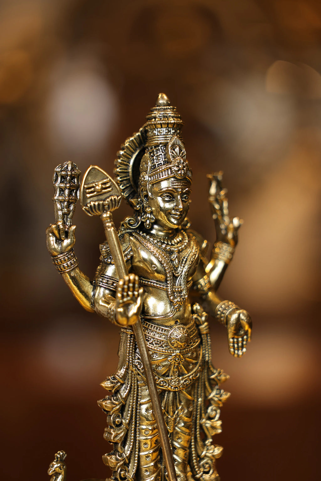9″ Standing Murugan with Peacock | Super Fine Brass | Polished Finish — view 3