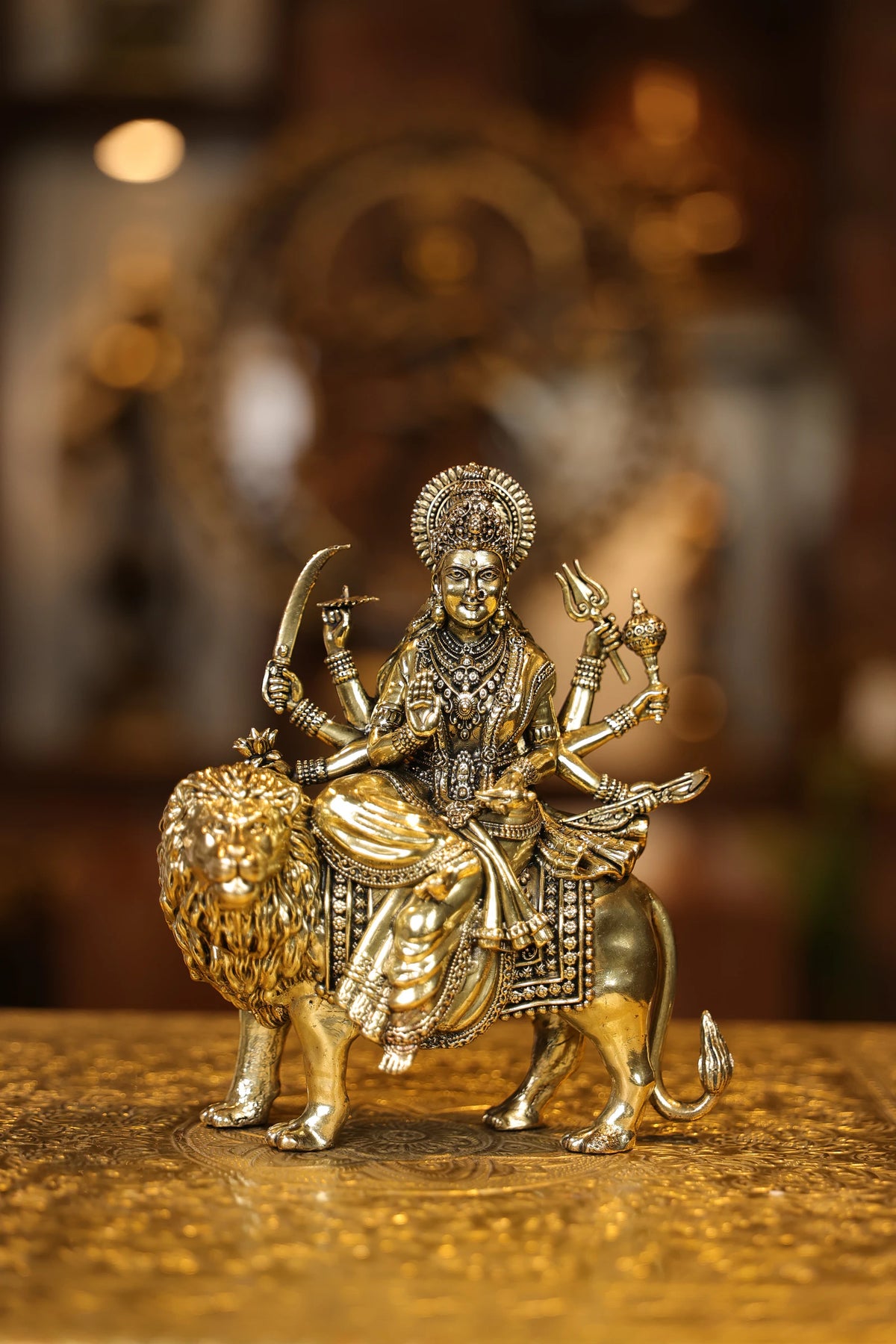 7″ Maa Durga sitting on Lion | Super Fine Brass | Polished Finish