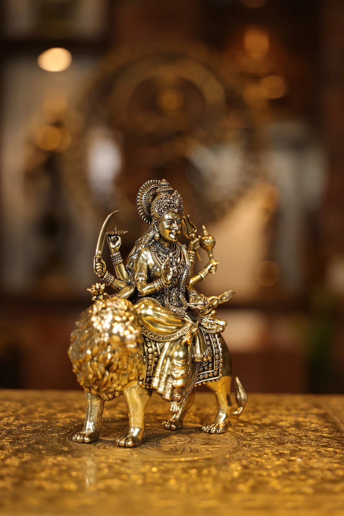 7″ Maa Durga sitting on Lion | Super Fine Brass | Polished Finish — view 5