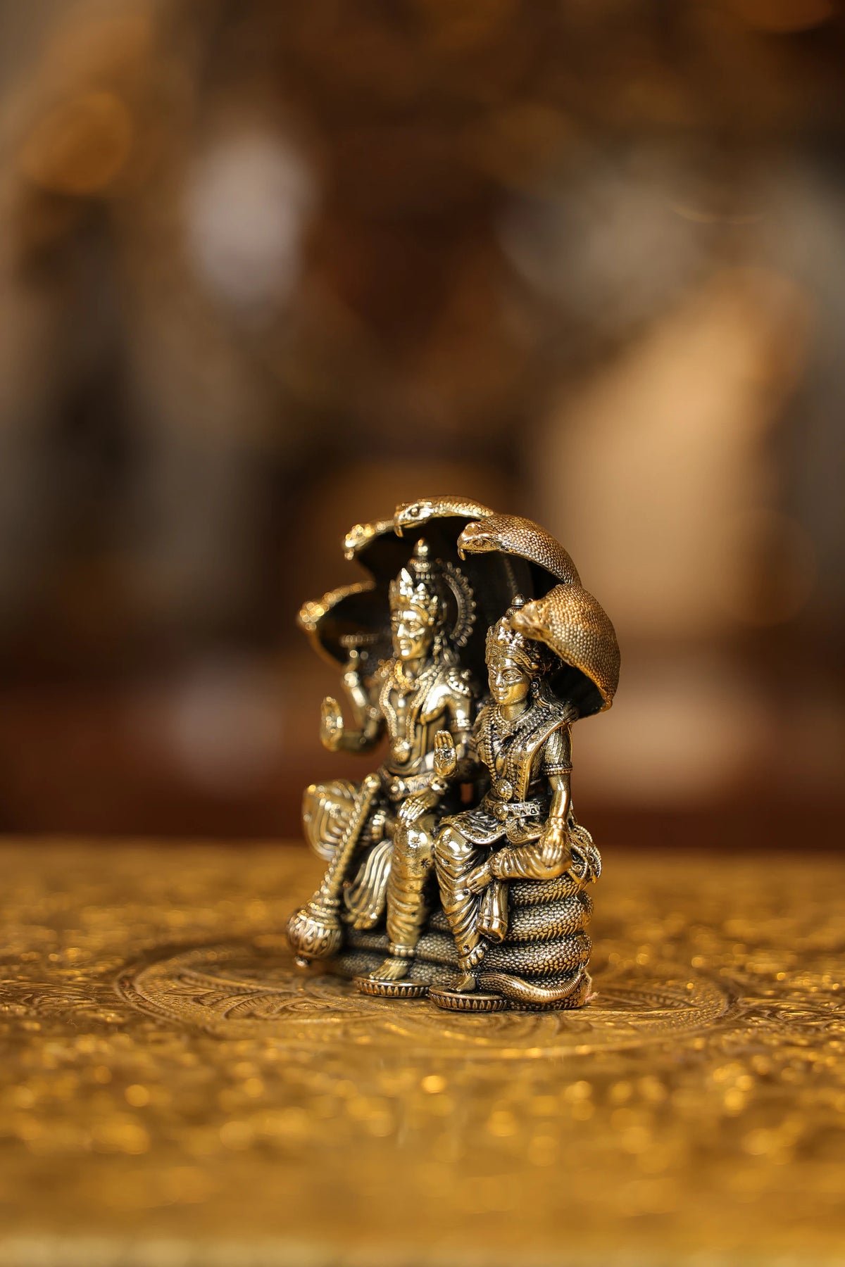 4″ Vishnu Lakshmi sitting on Snake | Super Fine Brass | Polished Finish — view 3