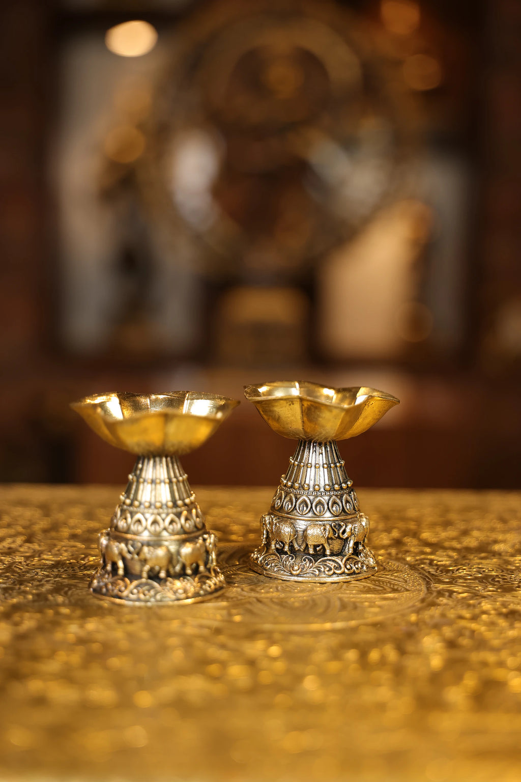 3″ Fancy Lamp with Elephant Engraving Pair | Super Fine Brass | Polished Finish — view 3