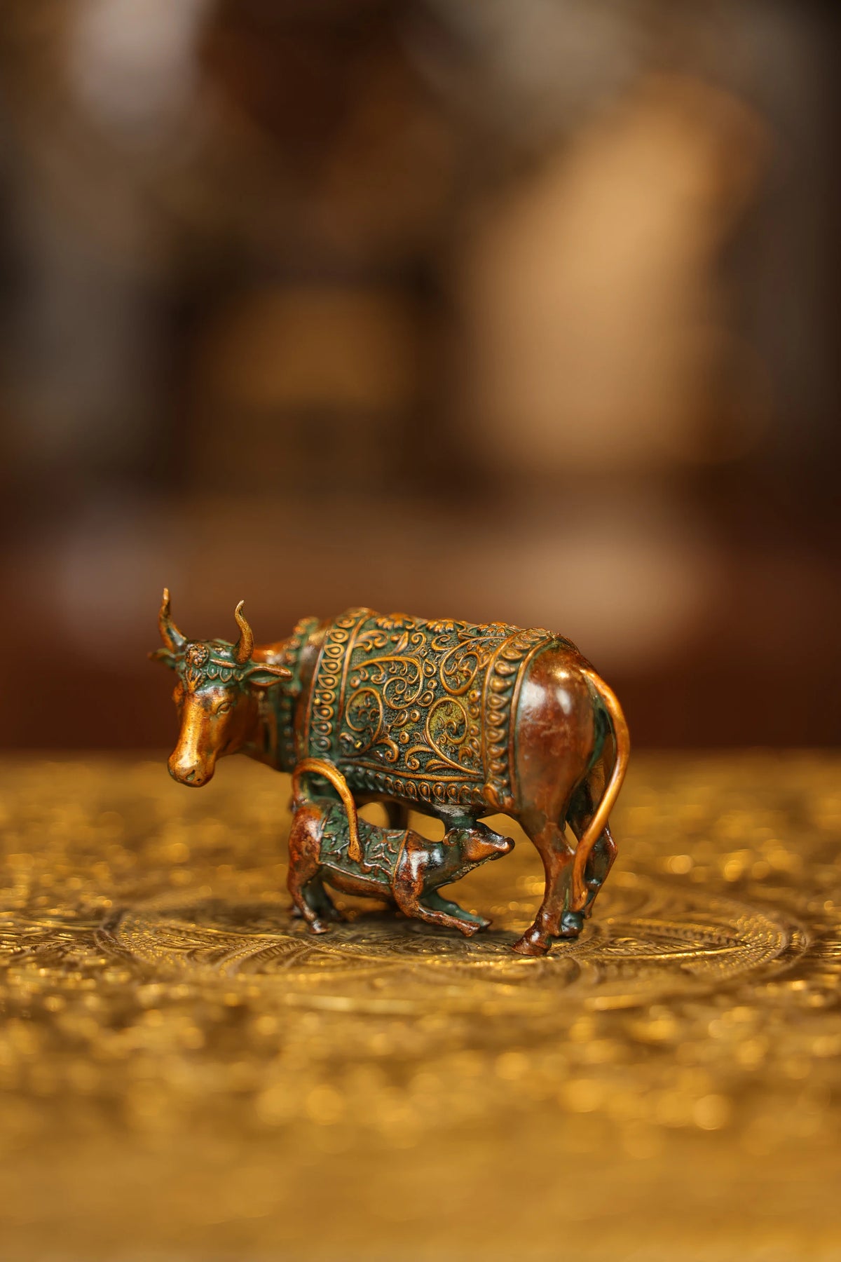 2.5″ Cow with Calf | Super Fine Brass | Double Chola Finish — view 3