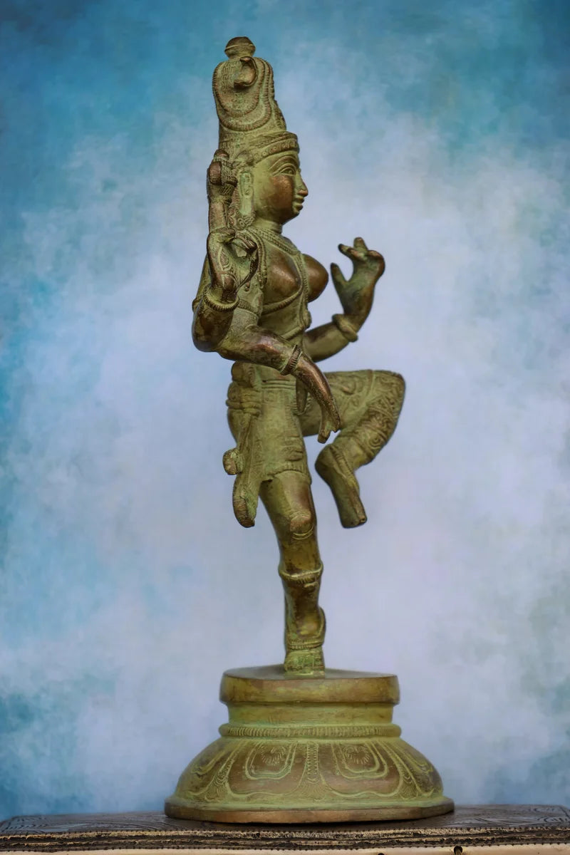 12″ Dancing Ardhanareeswar | Handcrafted Brass | Dull Green Finish