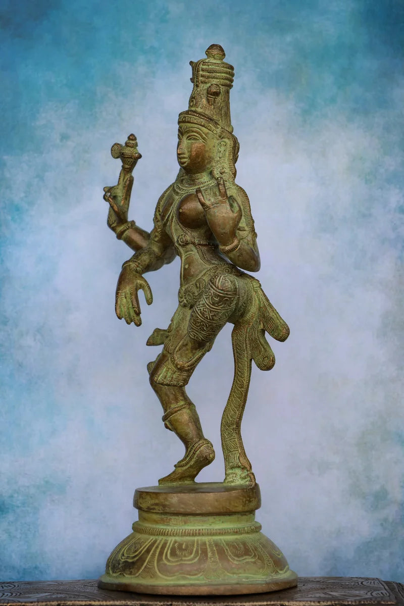 12″ Dancing Ardhanareeswar | Handcrafted Brass | Dull Green Finish