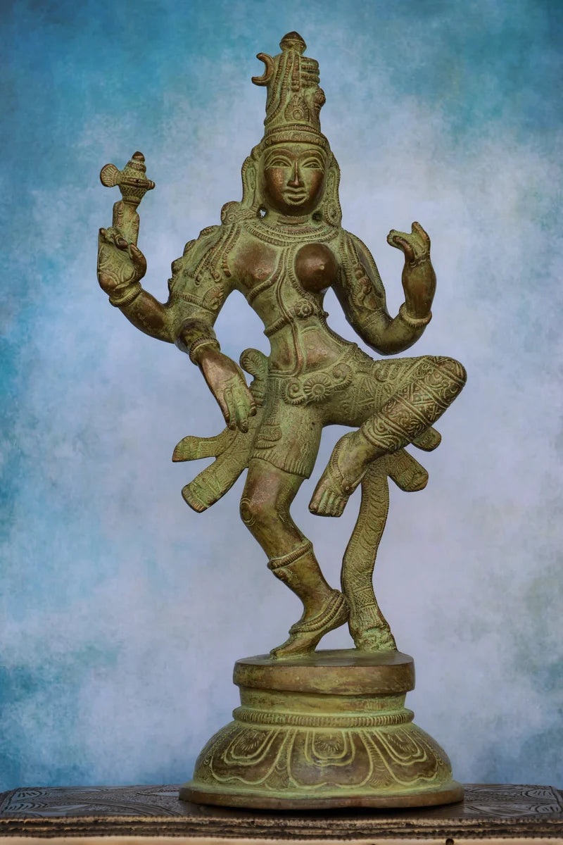 12″ Dancing Ardhanareeswar | Handcrafted Brass | Dull Green Finish