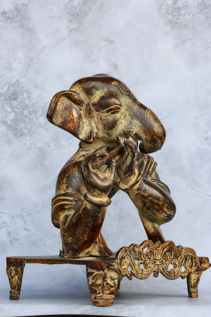 11″ Modern Flute Ganesha | Handcrafted Brass | Brown Patina Finish