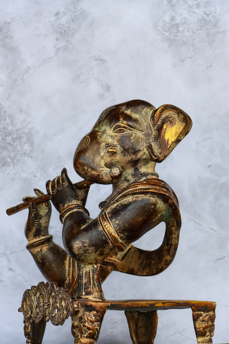 11″ Modern Flute Ganesha | Handcrafted Brass | Brown Patina Finish