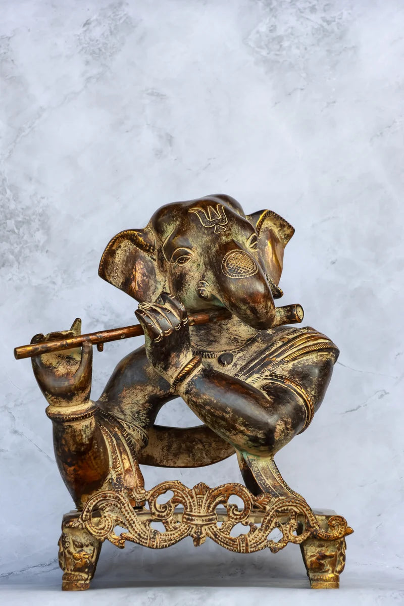 11″ Modern Flute Ganesha | Handcrafted Brass | Brown Patina Finish