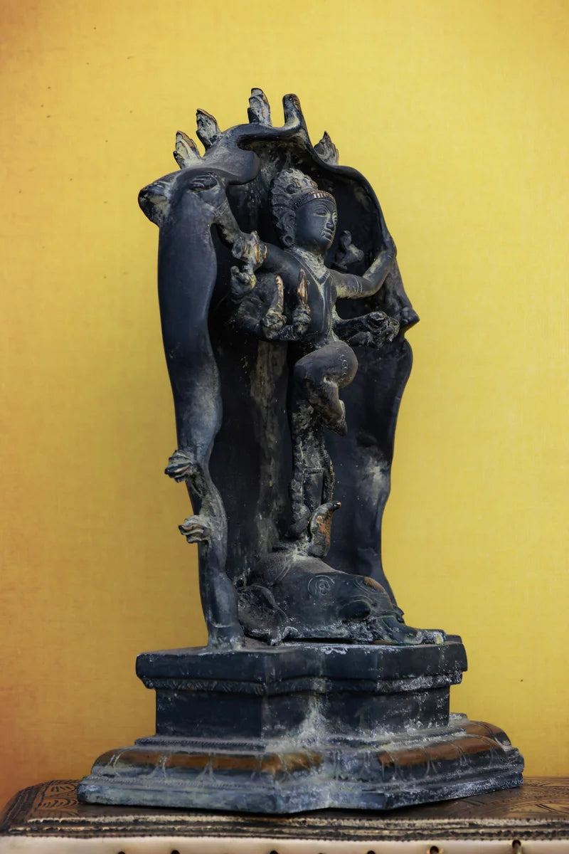 10″ Gaja Samhara Moorthy | Handcrafted Brass | Gray Stone Finish
