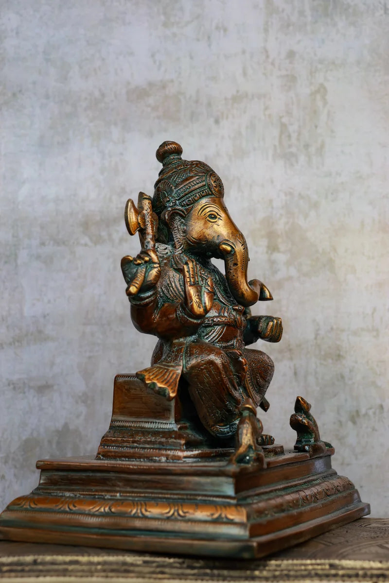 8″ Blessing Ganesha | Handcrafted Brass | Antique Brown Finish
