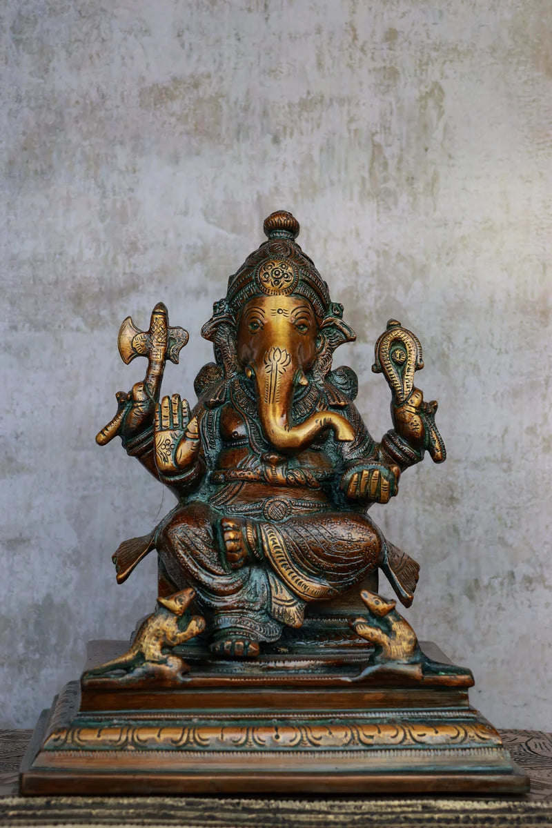 8″ Blessing Ganesha | Handcrafted Brass | Antique Brown Finish