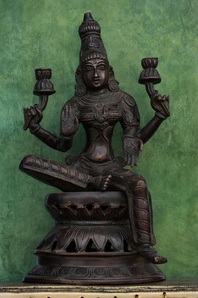 12″ Sitting Lakshmi (Chola Style) | Handcrafted Brass | Brown Finish