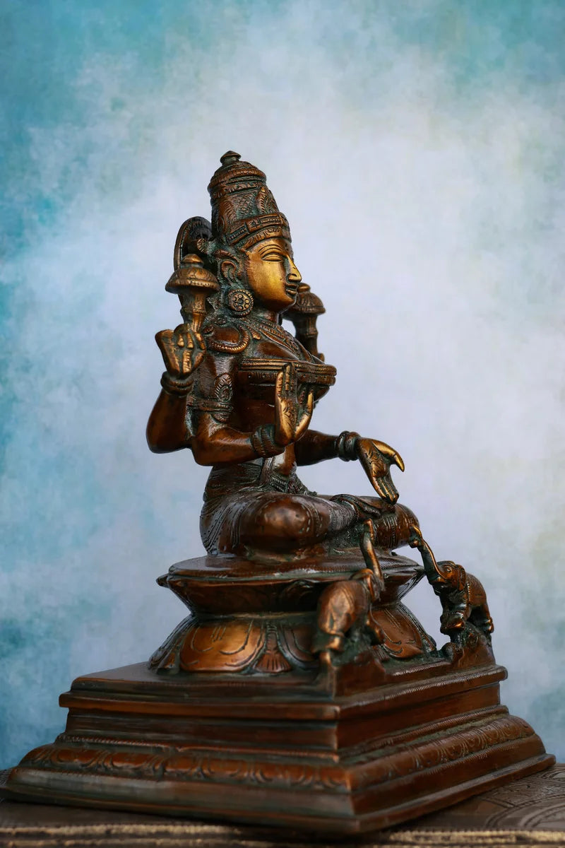 9″ Seated Goddess Lakshmi | Handcrafted Brass | Antique Brown Finish