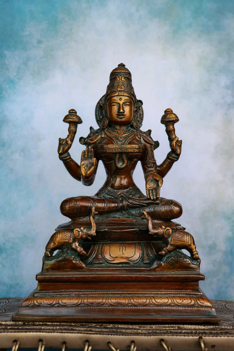9″ Seated Goddess Lakshmi | Handcrafted Brass | Antique Brown Finish