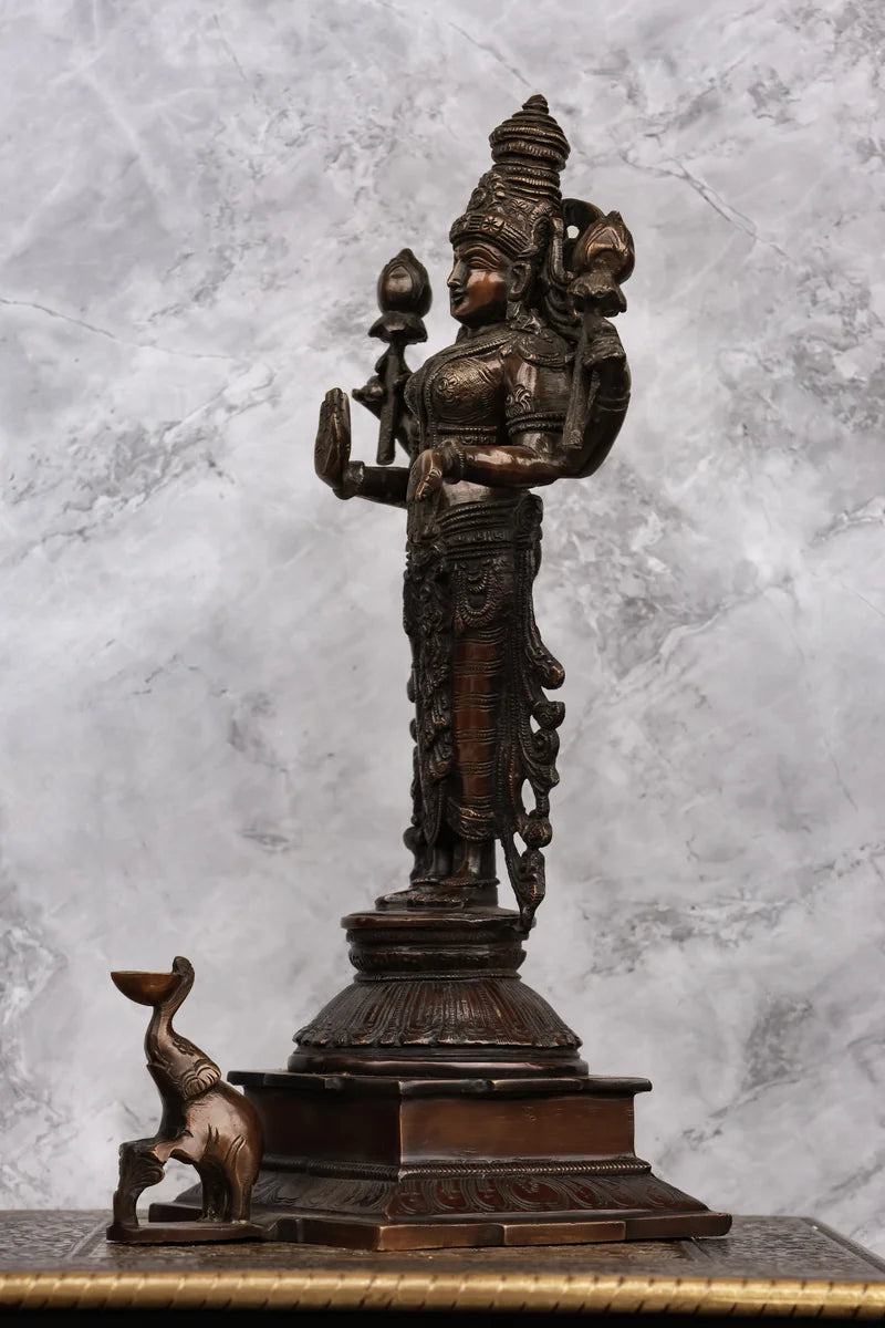 14″ Divine Mahalakshmi Standing | Handcrafted Brass | Antique Brown Finish