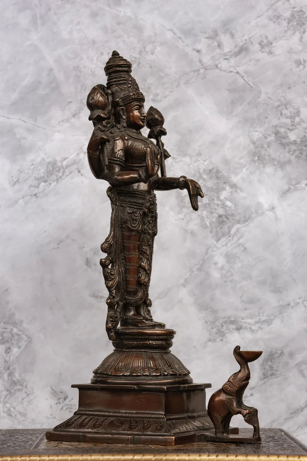 14″ Divine Mahalakshmi Standing | Handcrafted Brass | Antique Brown Finish dimensions