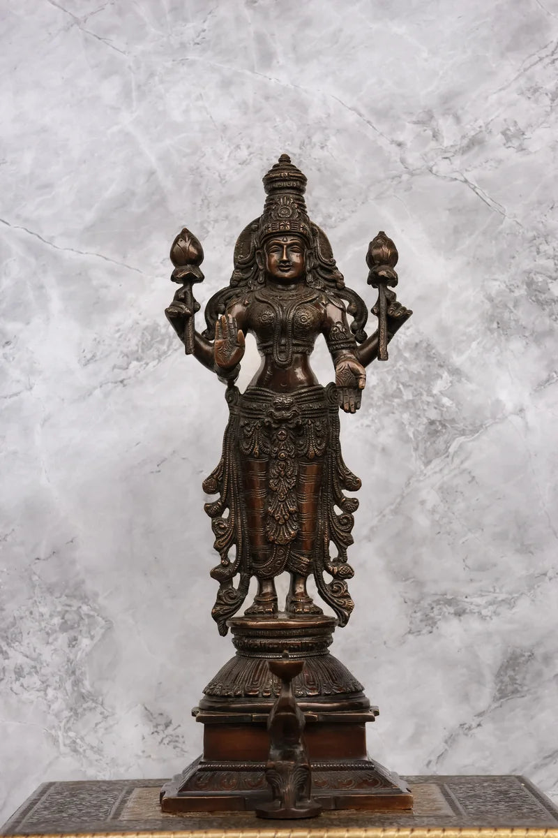 14″ Divine Mahalakshmi Standing | Handcrafted Brass | Antique Brown Finish