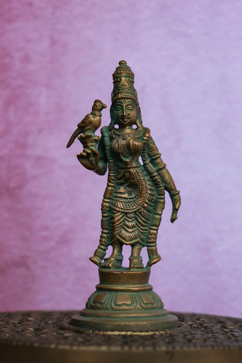 4″ Madurai Meenakshi Devi Idol | Handcrafted Panchaloha | Green Patina