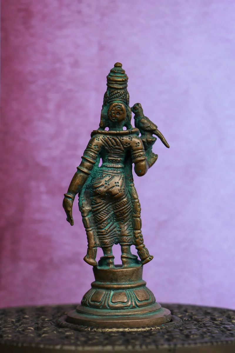 4″ Madurai Meenakshi Devi Idol | Handcrafted Panchaloha | Green Patina