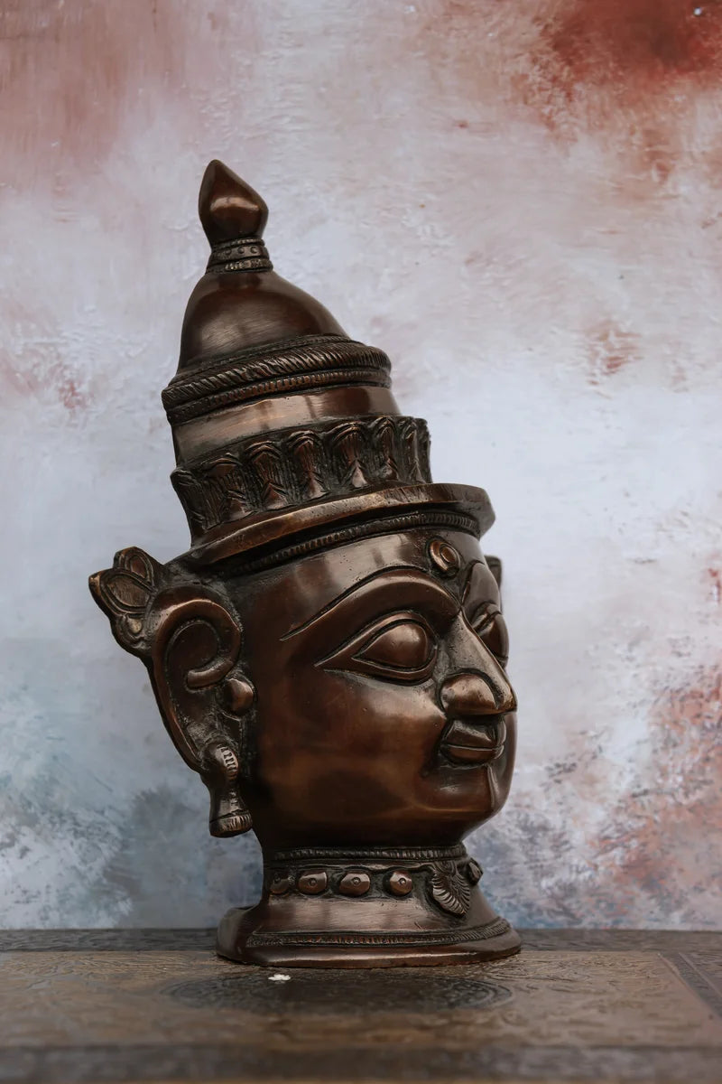 8″ Parvathi Mask (Tabletop) | Handcrafted Brass | Antique Brown Finish