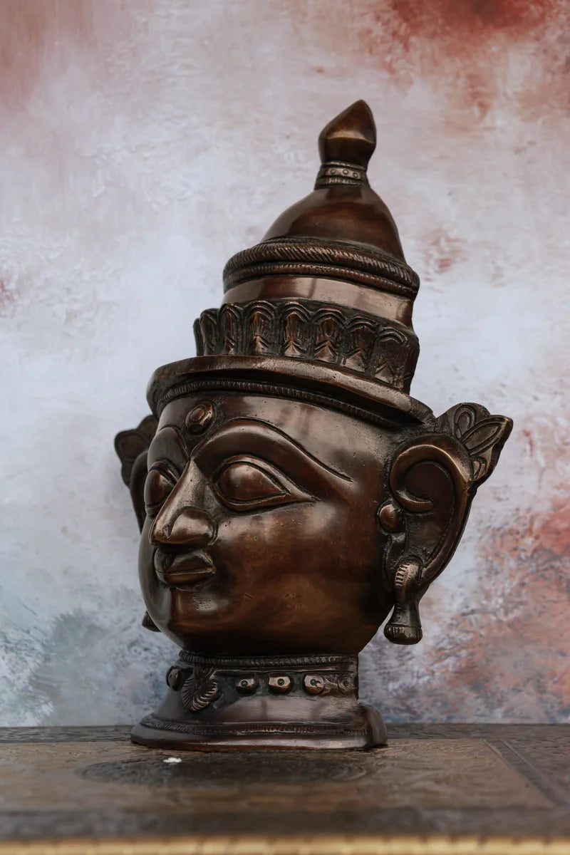 8″ Parvathi Mask (Tabletop) | Handcrafted Brass | Antique Brown Finish