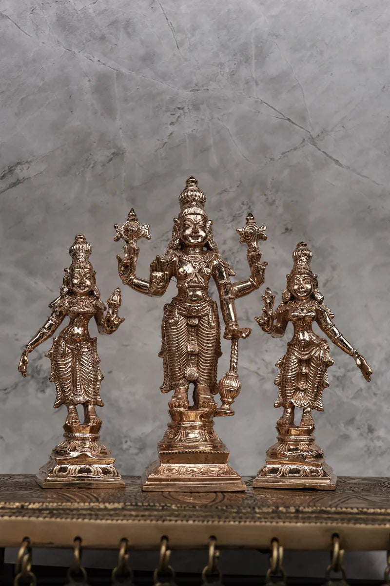 6″ Perumal Set with Sridevi &amp; Bhudevi | Handcrafted Panchaloha Idols | Polished Finish