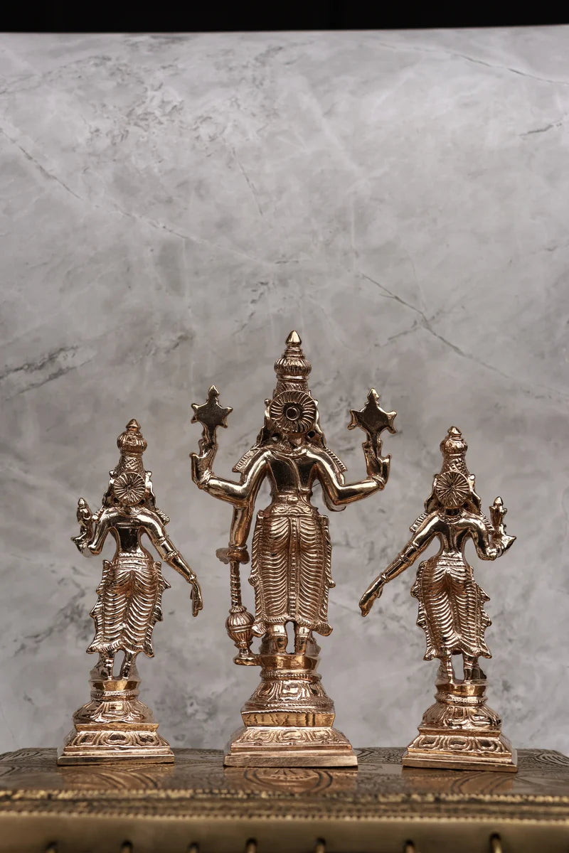 6″ Perumal Set with Sridevi &amp; Bhudevi | Handcrafted Panchaloha Idols | Polished Finish
