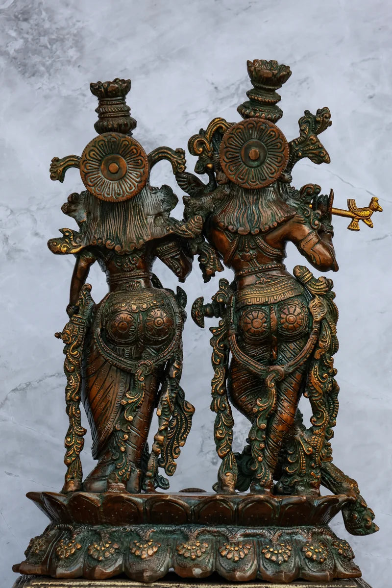 14″ Radha Krishna Idol | Handcrafted Brass | Brown Patina