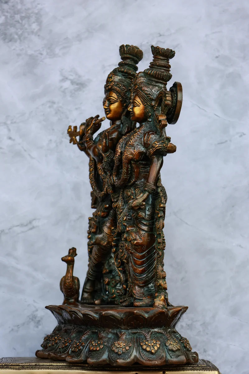 14″ Radha Krishna Idol | Handcrafted Brass | Brown Patina