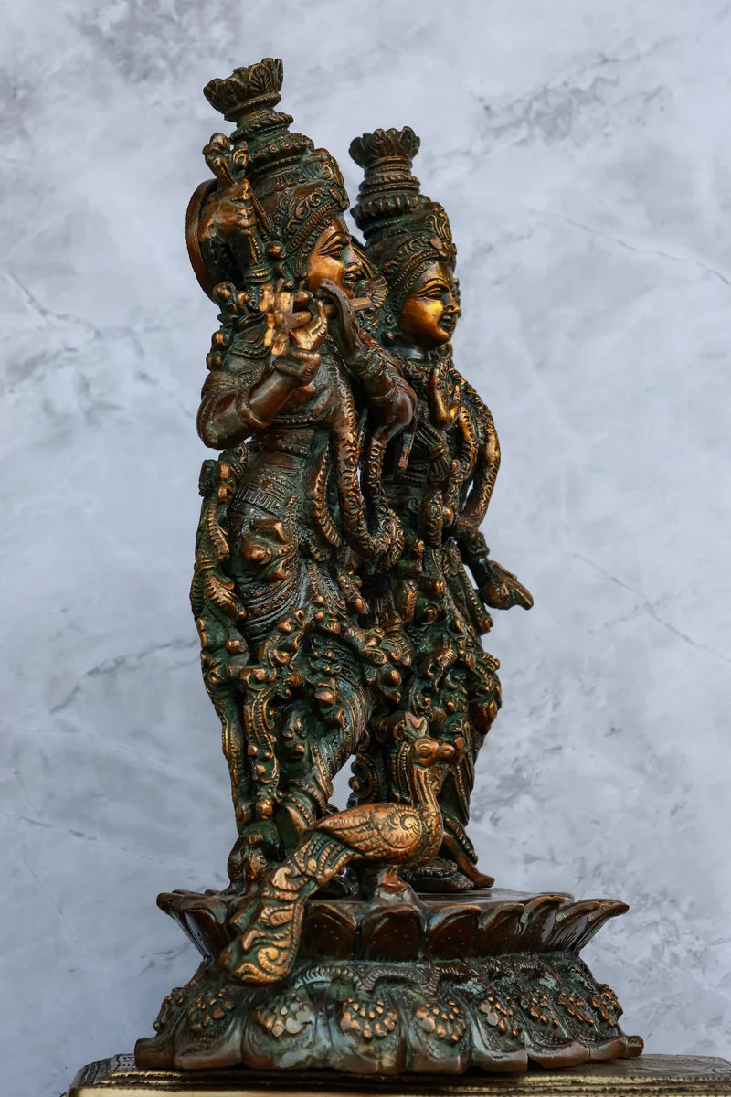 14″ Radha Krishna Idol | Handcrafted Brass | Brown Patina