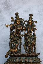 14″ Radha Krishna Idol | Handcrafted Brass | Brown Patina