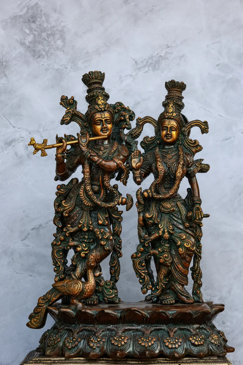 14″ Radha Krishna Idol | Handcrafted Brass | Brown Patina