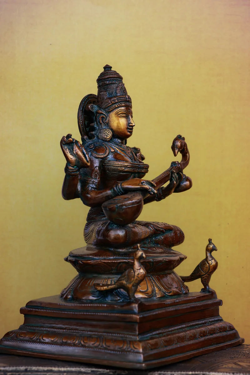 9″ Saraswathi Sitting | Handcrafted Brass | Antique Brown Finish