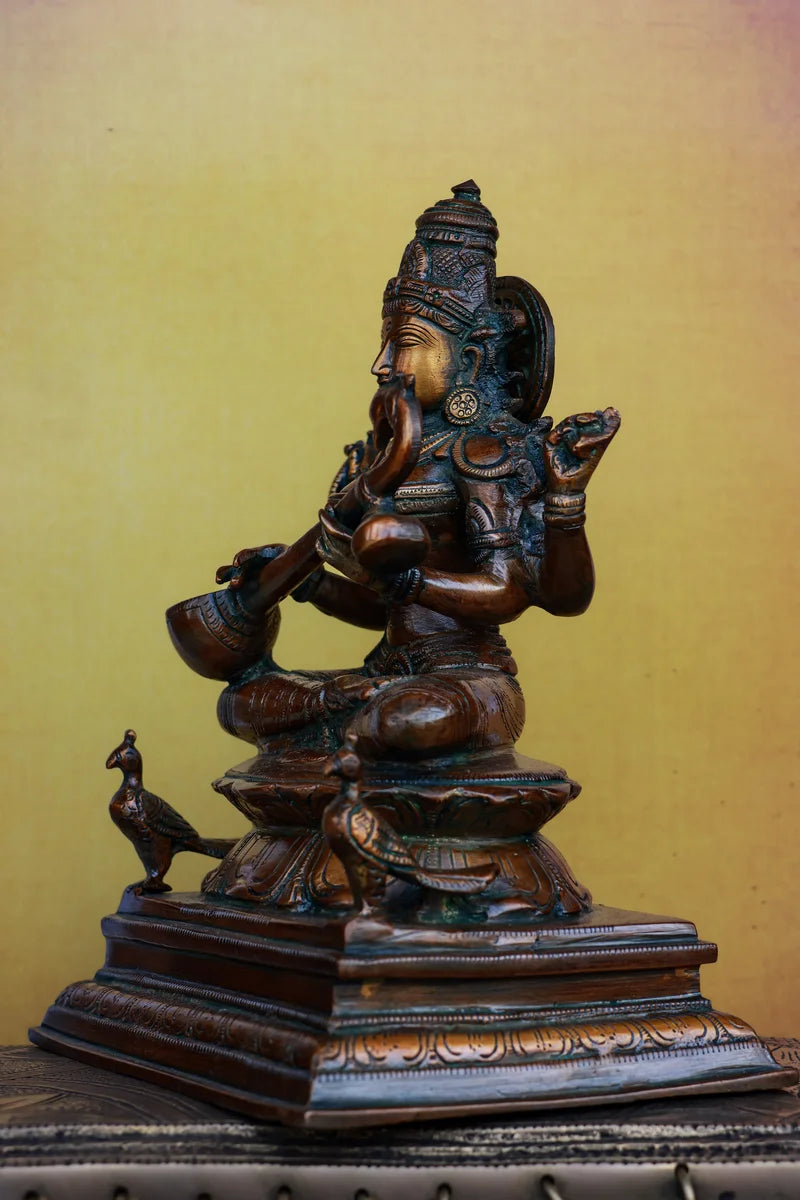 9″ Saraswathi Sitting | Handcrafted Brass | Antique Brown Finish