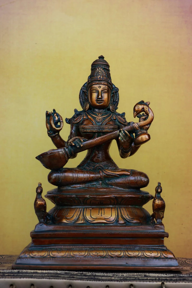 9″ Saraswathi Sitting | Handcrafted Brass | Antique Brown Finish