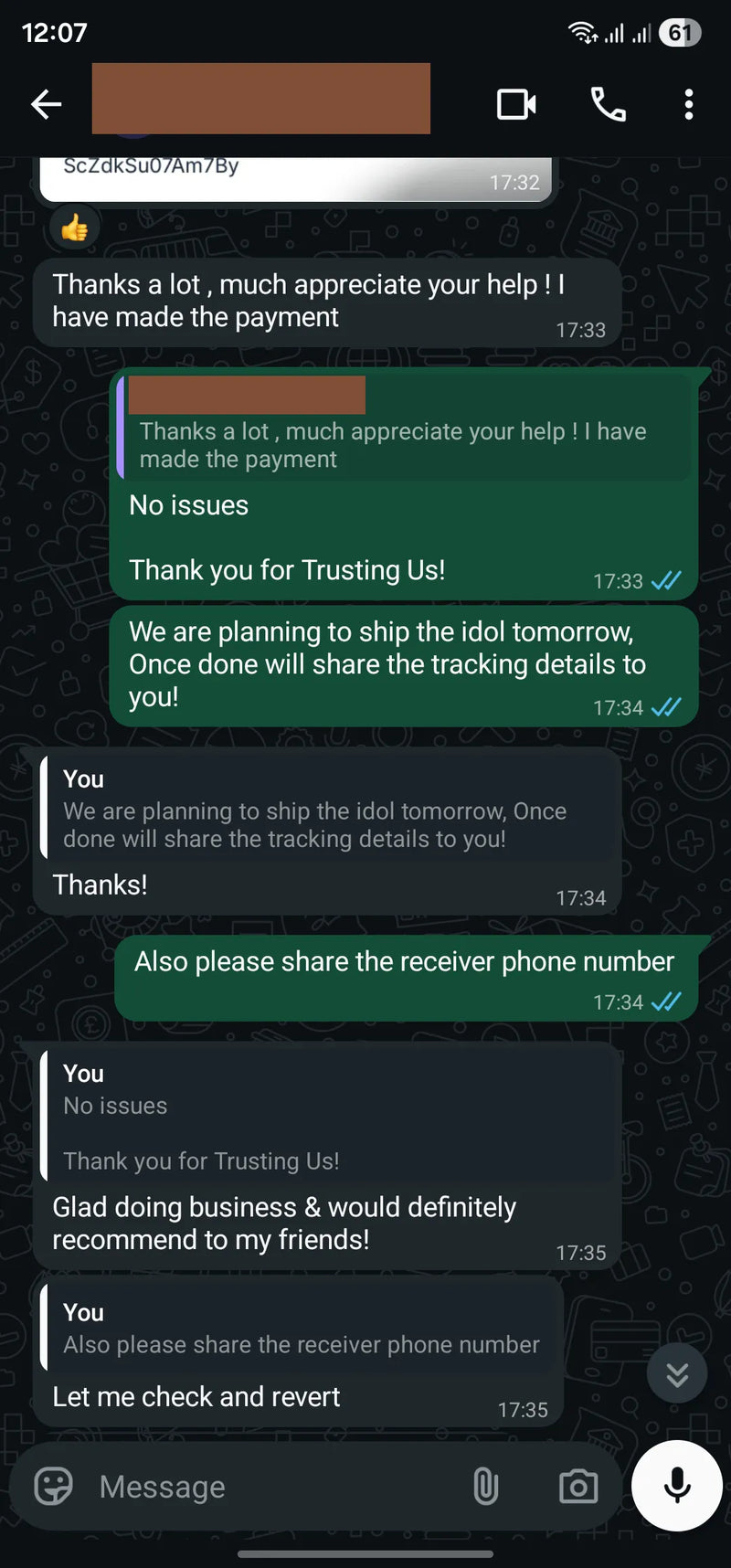 Customer WhatsApp Review
