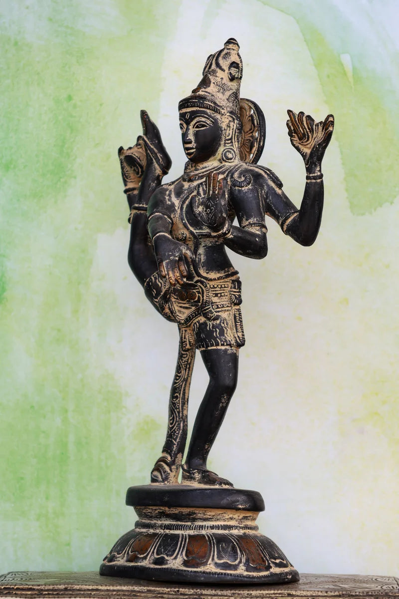 12″ Uruthuva Tandava Shiva (Leg-Up Tandava) | Handcrafted Brass | Stone Finish
