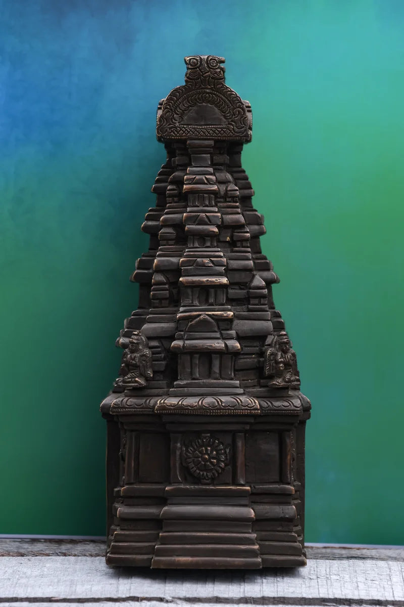 9″ Temple Gopuram Sculpture | Handcrafted Brass | Antique Brown Finish