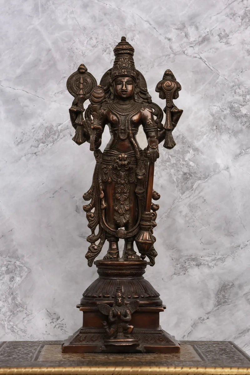 15″ Vishnu Standing | Handcrafted Brass | Antique Brown Finish