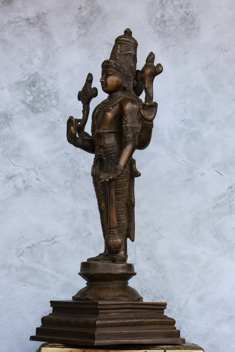 19″ Vishnu Standing | Handcrafted Brass | Brown Finish