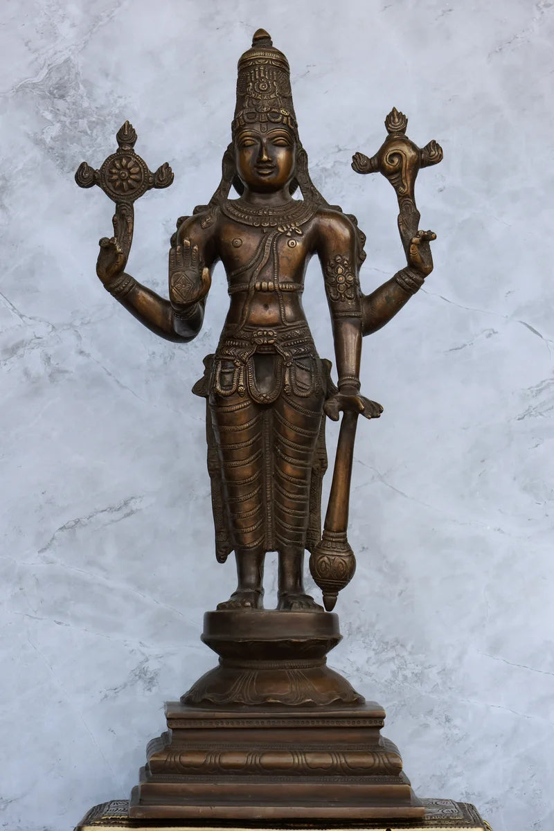 19″ Vishnu Standing | Handcrafted Brass | Brown Finish