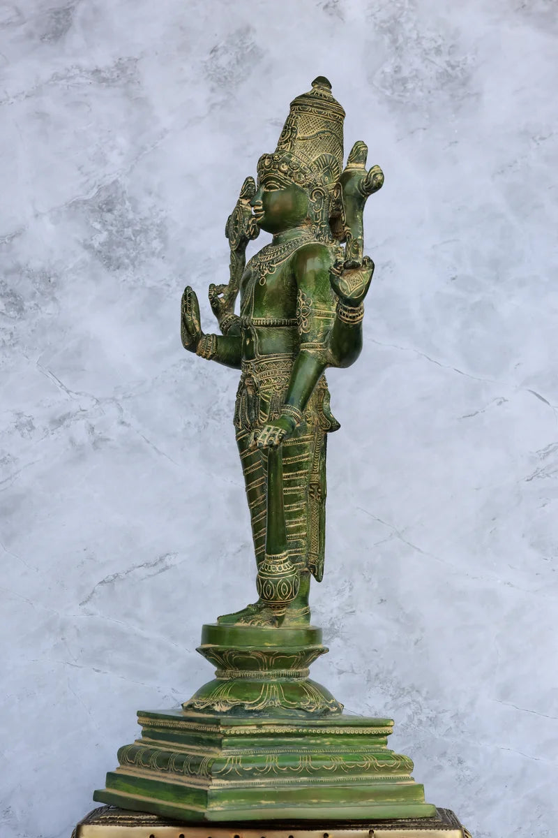 19″ Vishnu Standing | Handcrafted Brass | Green Finish
