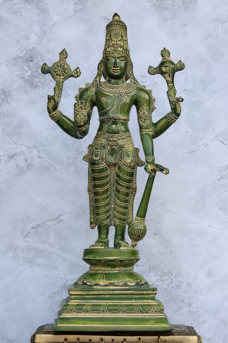 19″ Vishnu Standing | Handcrafted Brass | Green Finish