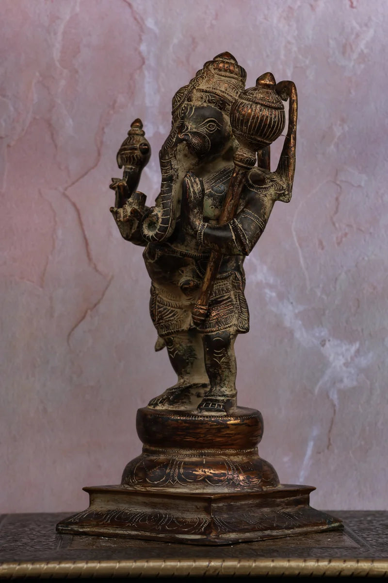 12″ Aadi Antha Prabhu (Half Ganesha - Half Hanuman) | Handcrafted Brass | Antique Brown