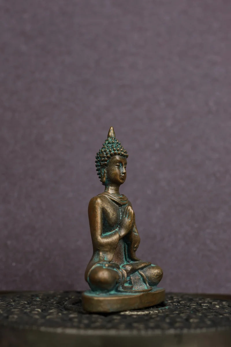 3″ Buddha in Namaskara Mudra | Handcrafted Panchaloha | Green Patina Finish