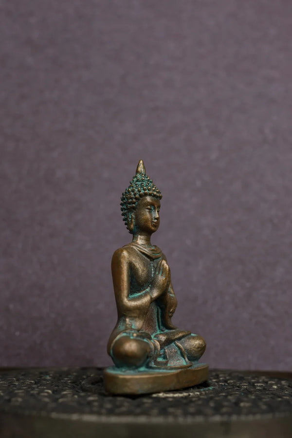 3″ Buddha in Namaskara Mudra | Handcrafted Panchaloha | Green Patina Finish dimensions