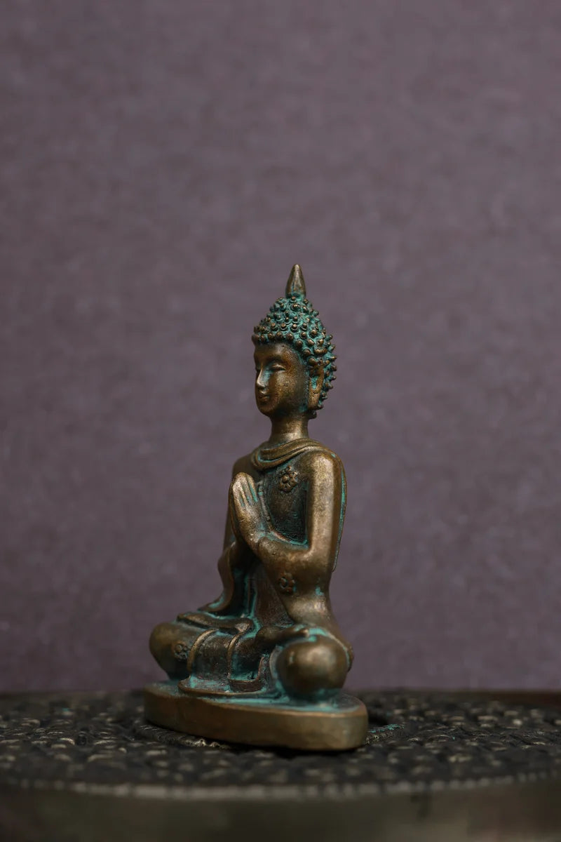 3″ Buddha in Namaskara Mudra | Handcrafted Panchaloha | Green Patina Finish