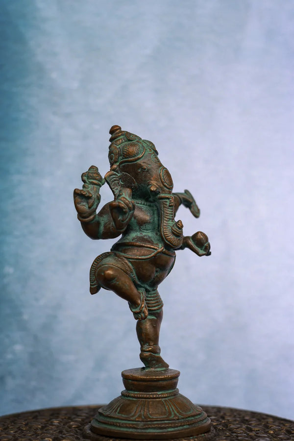 4″ Dancing Ganesha | Handcrafted Panchaloha | Green Patina Finish dimensions